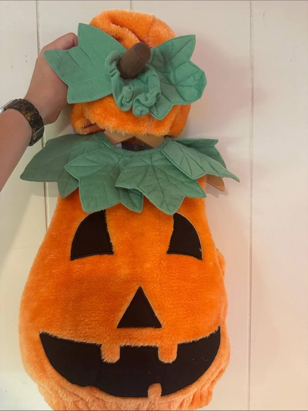 Kids Plush Pumpkin Costume with Green Leaf Collar